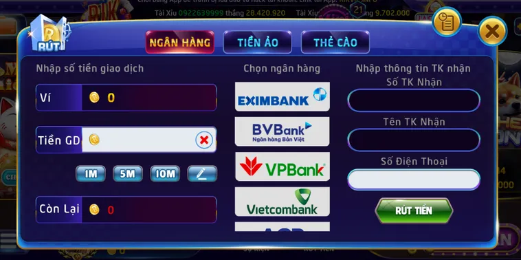 Rút tiền qua tài khoản ngân hàng an toàn tiện lợi - hỗ trợ mọi ngân hàng nội địa tại RikVip.